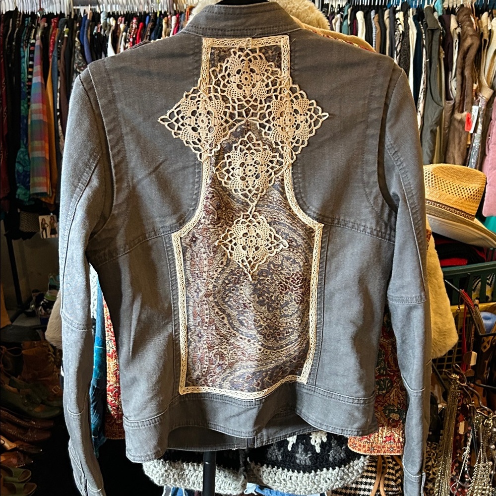 Le Chateau Gray Women's Jean Jacket with Doilies and Lace Detail